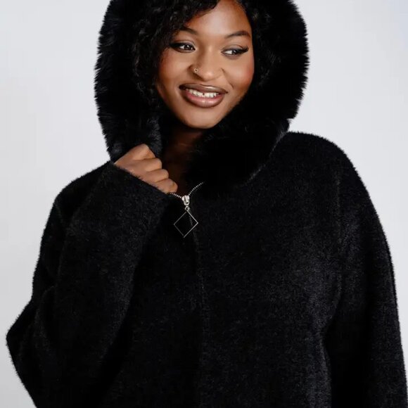 Women's Black Fur Hooded Sweater Coat - Kara Chic - Picture 2 of 4